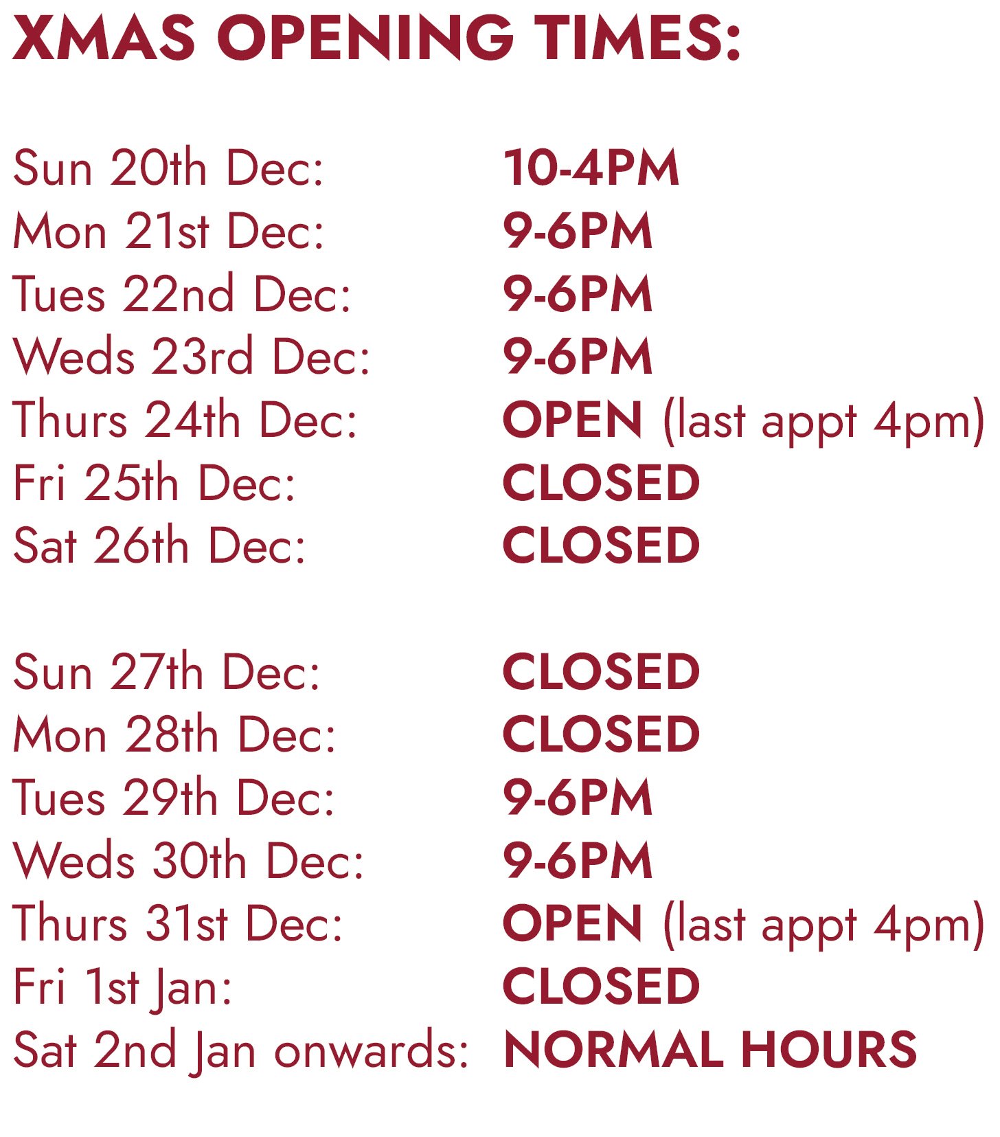 Xmas Opening Hours