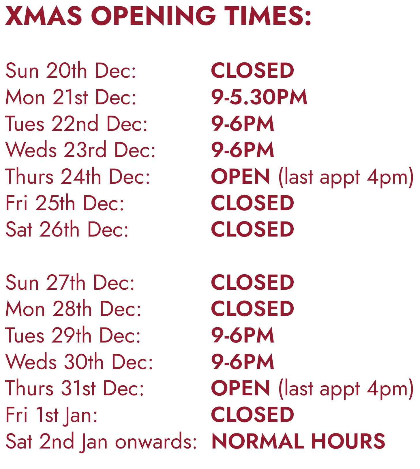 Xmas Opening Hours