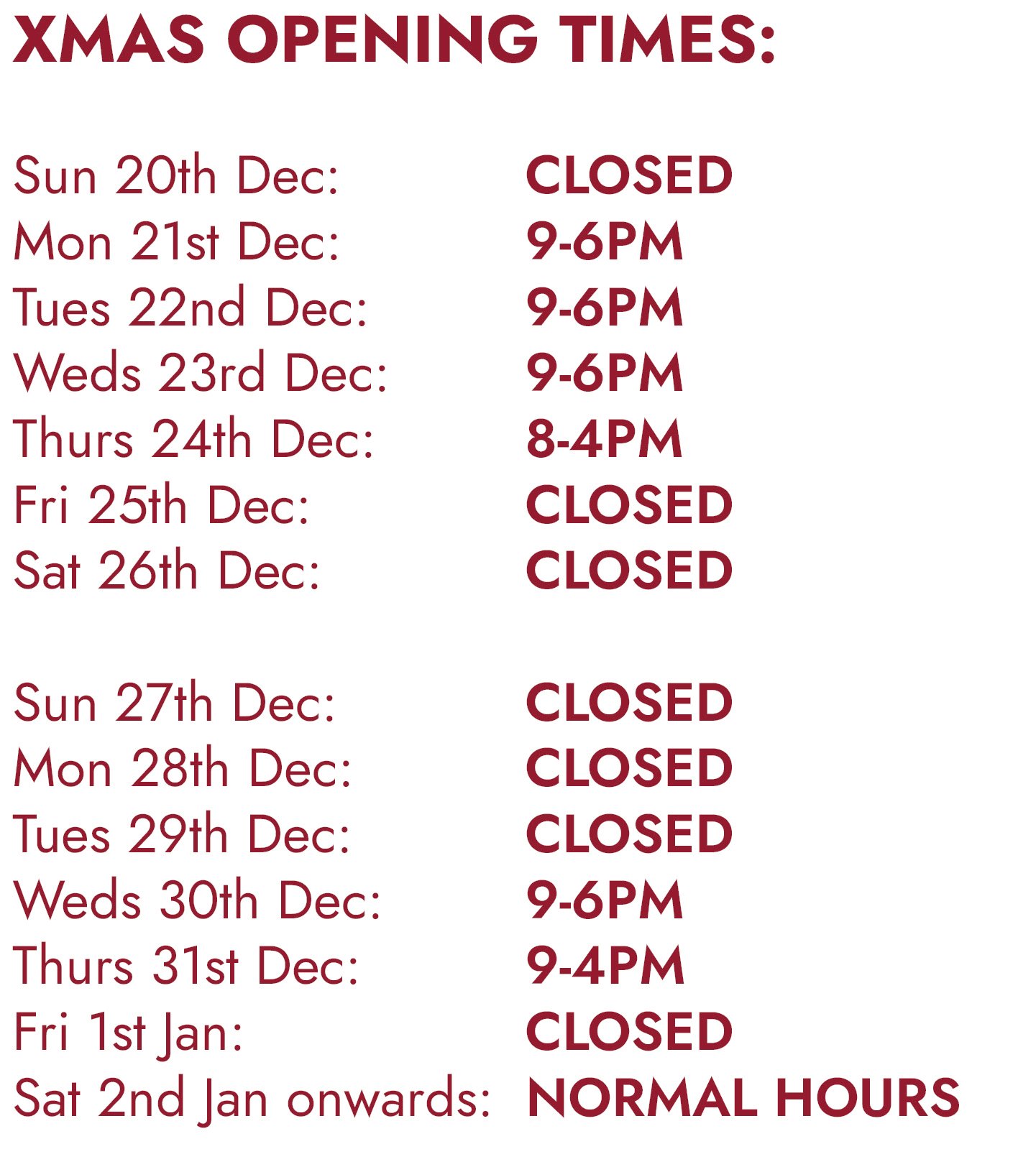 Xmas Opening Times 2026