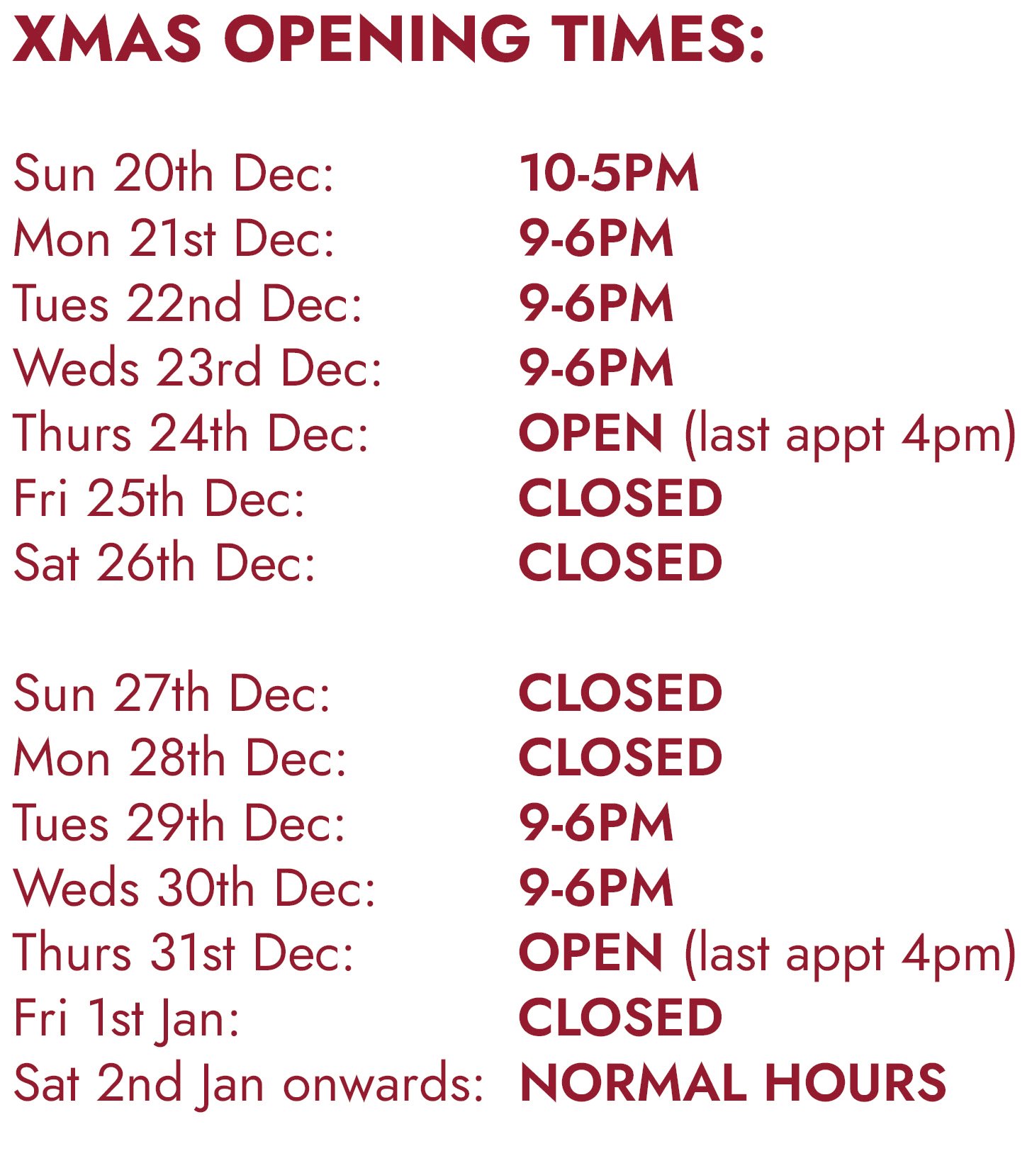 Xmas Opening Hours