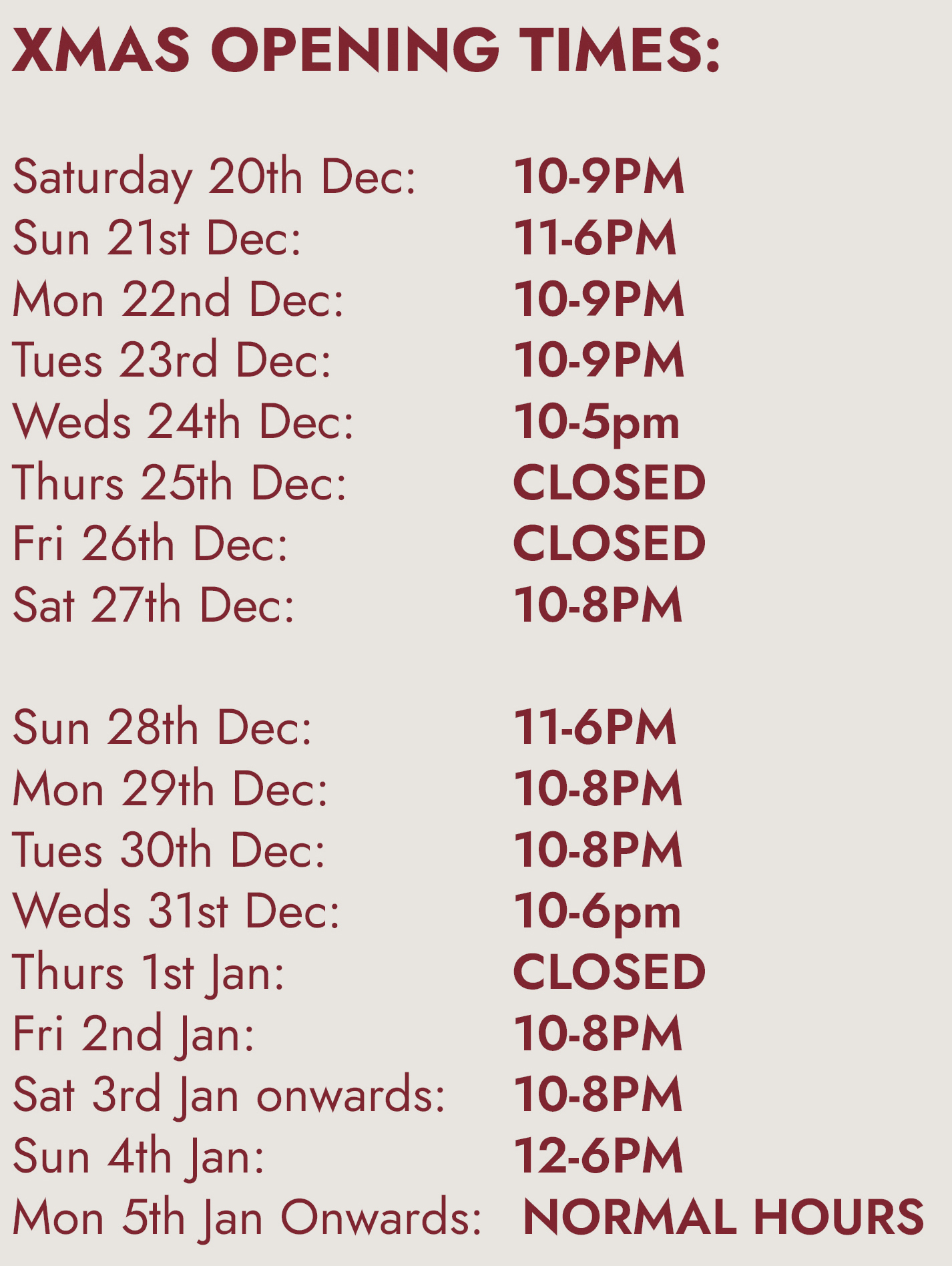 HOB Man opening times HOB Man opening times
