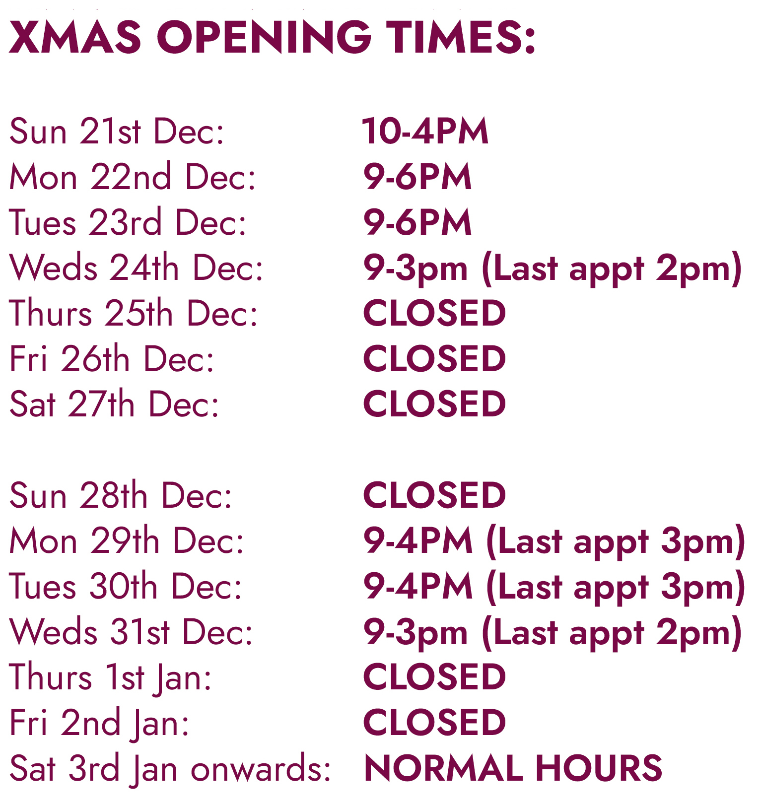 Xmas opening notice 2025 Cockfosters