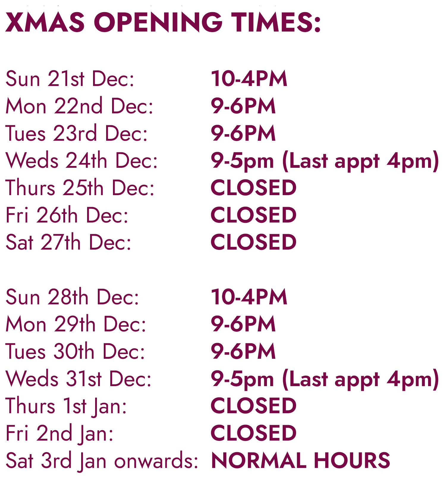 Xmas opening notice 2025 Loughton