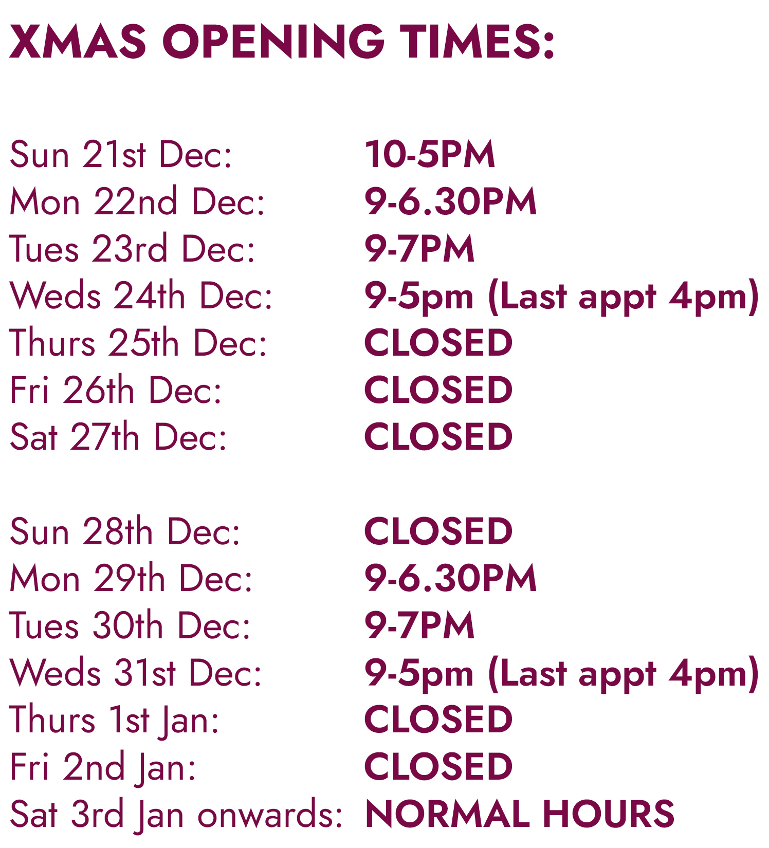 Xmas opening notice 2025 W Hampstead Xmas opening notice 2025 W Hampstead
