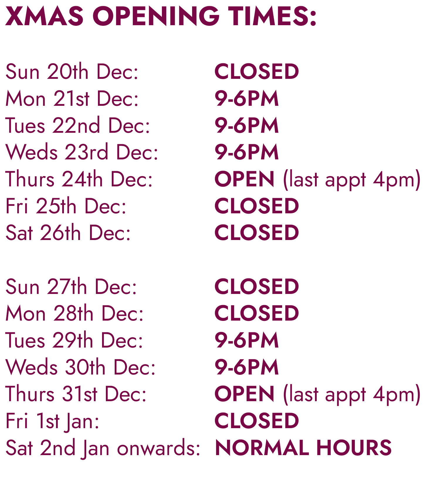 Xmas Opening Hours