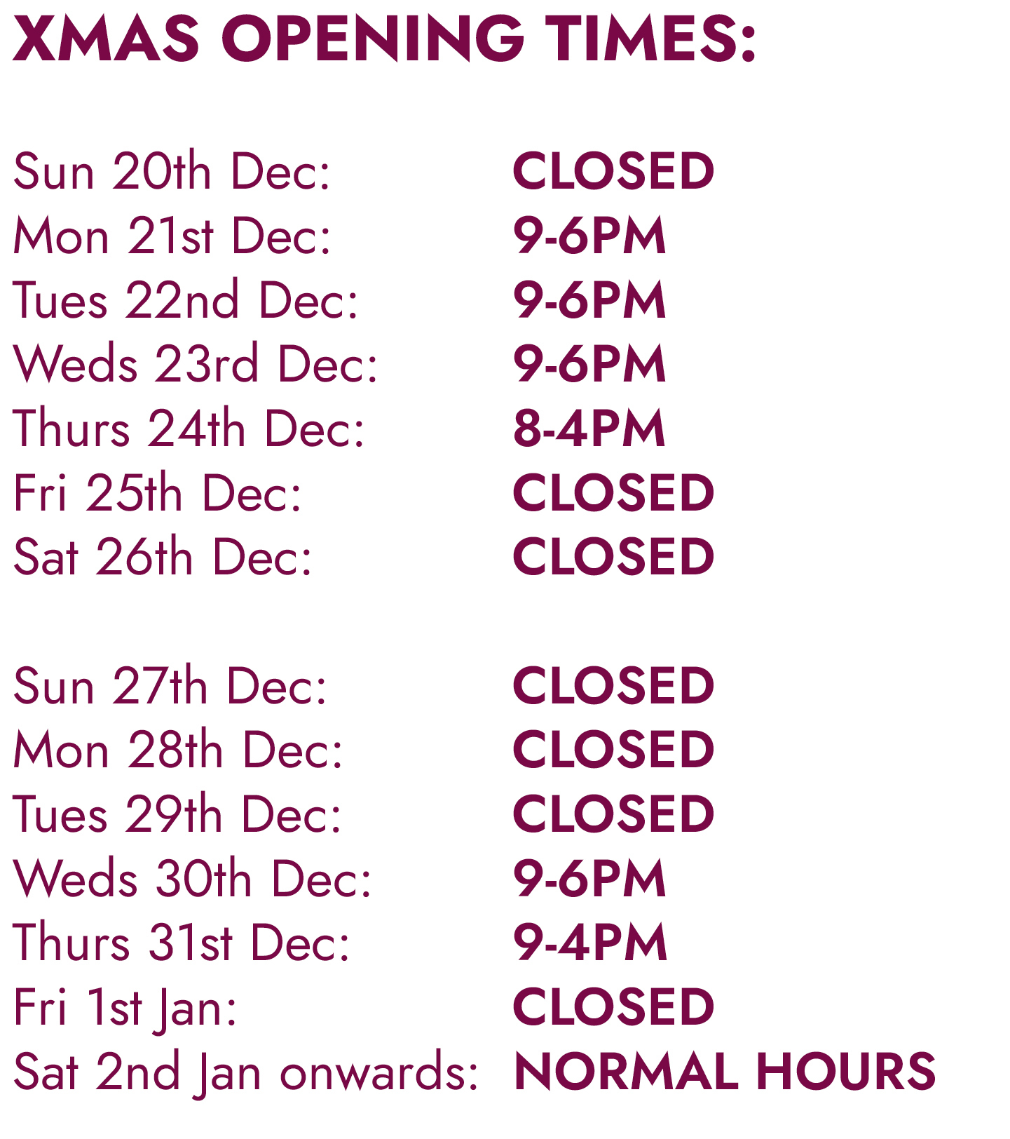 Xmas Opening Times 2026