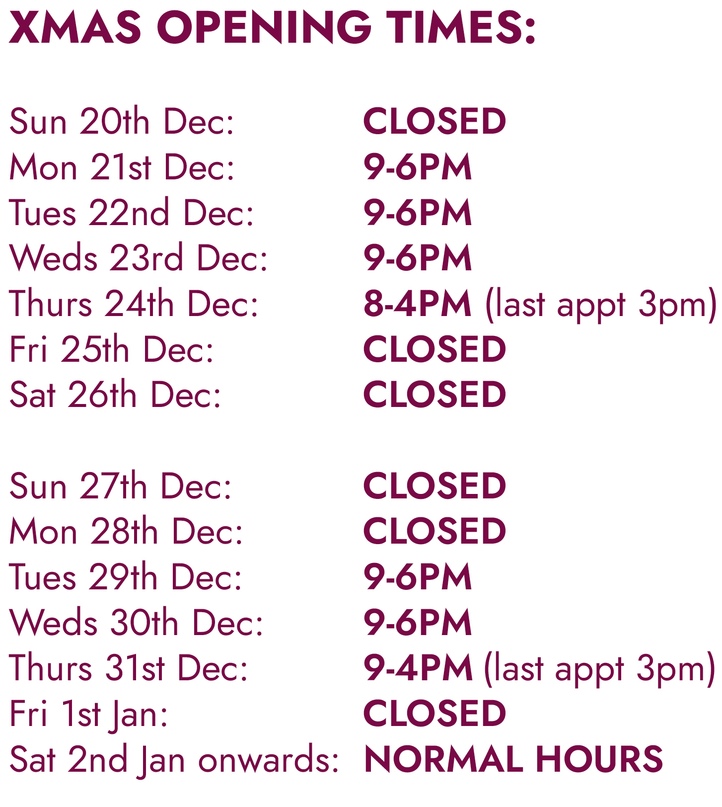 Xmas Opening Hours