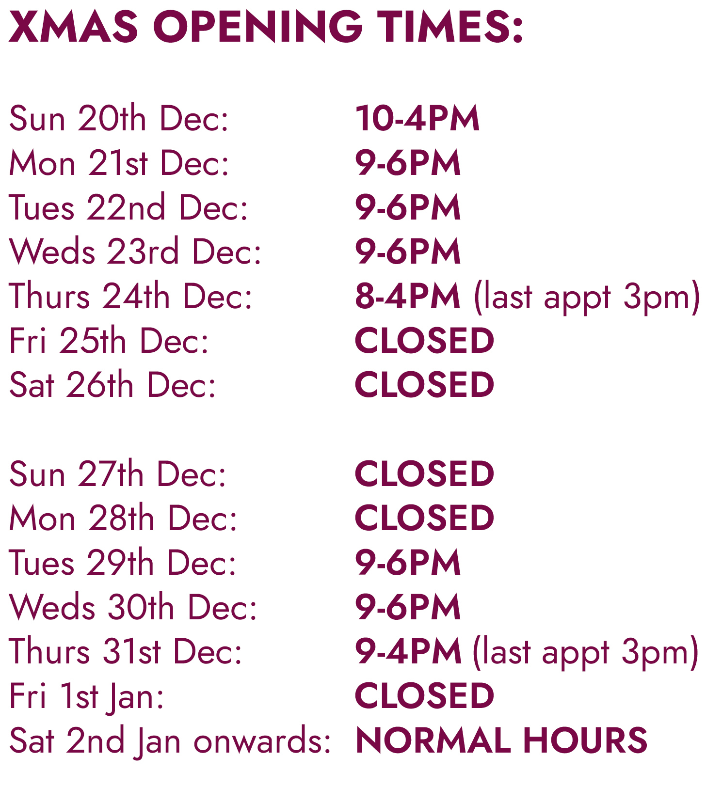 Xmas Opening Hours