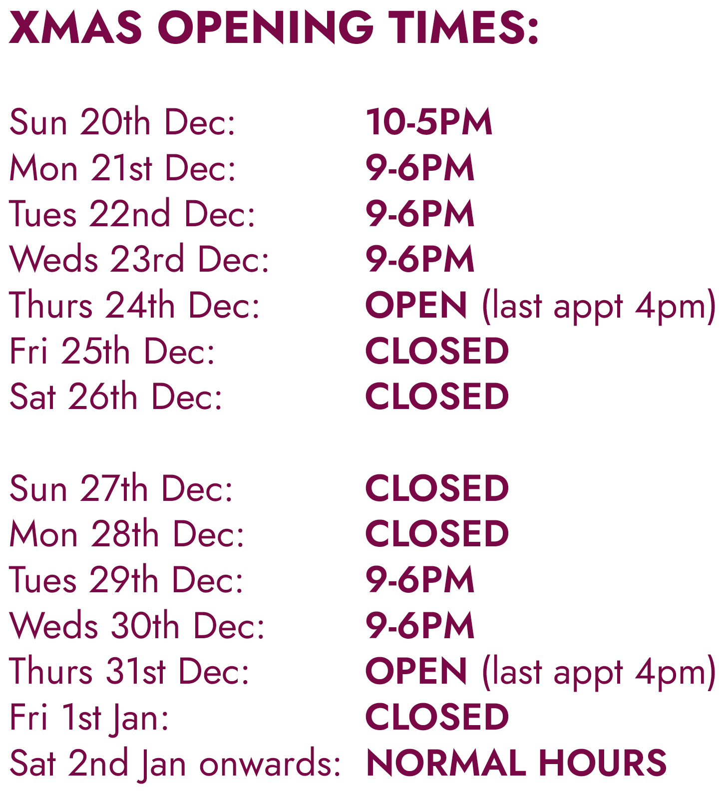 Xmas Opening Hours Xmas Opening Hours