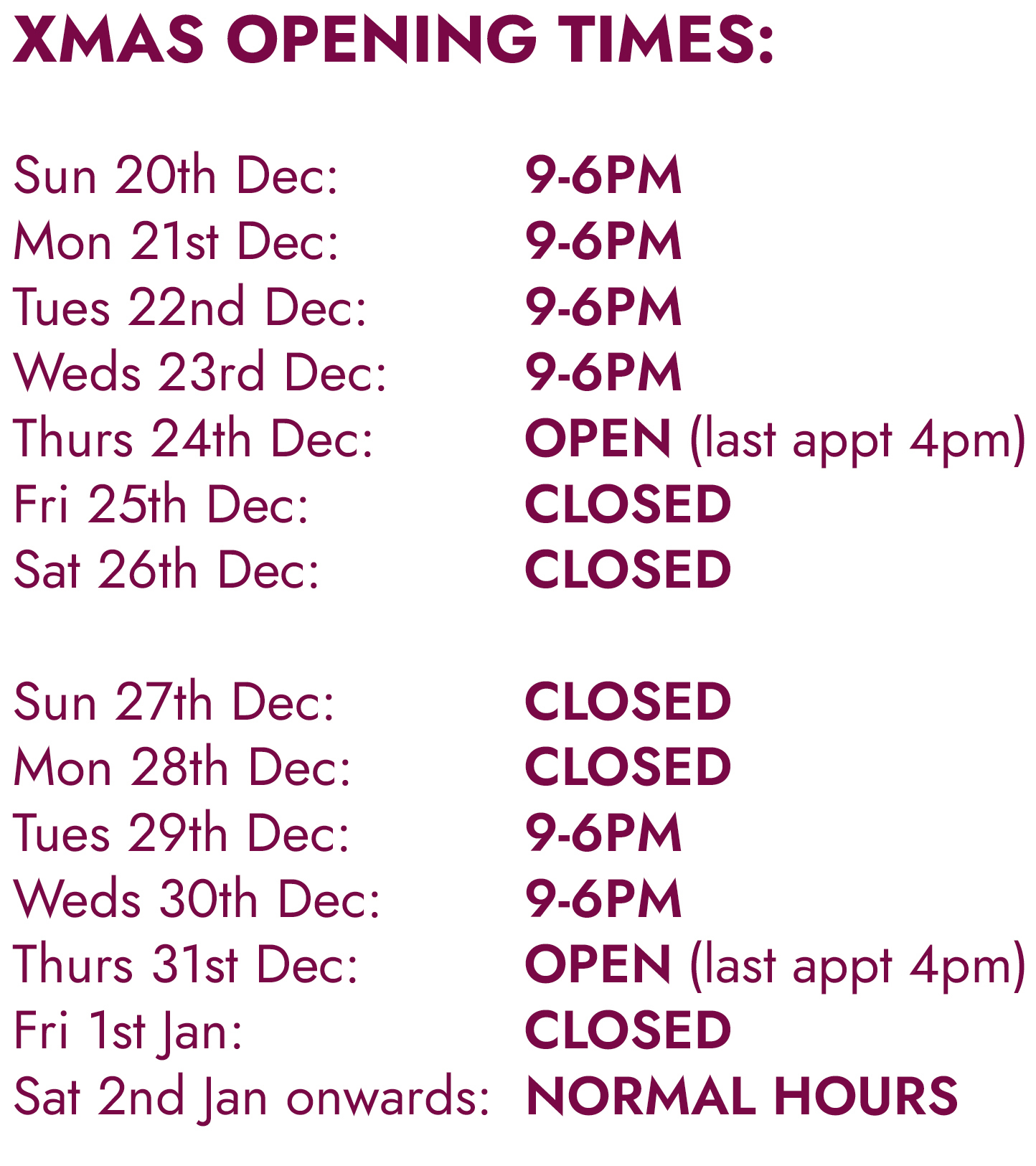 Xmas opening notice 2026